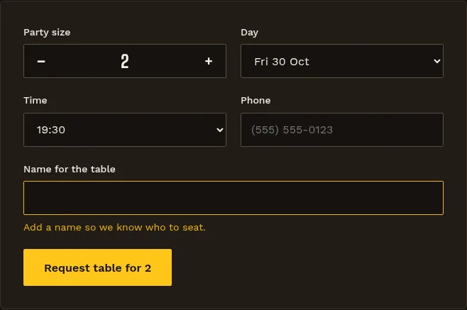 Reservation form: error state